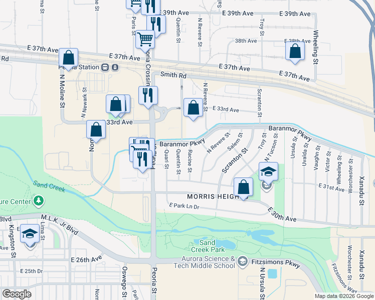 map of restaurants, bars, coffee shops, grocery stores, and more near 3181 Racine Street in Aurora