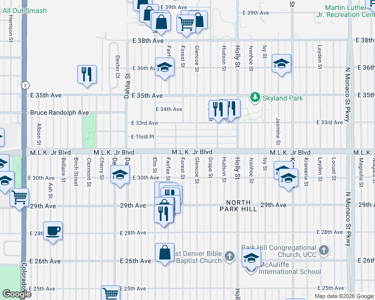 map of restaurants, bars, coffee shops, grocery stores, and more near 5223 Martin Luther King Junior Boulevard in Denver