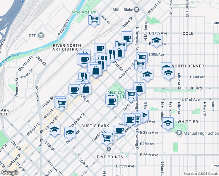 map of restaurants, bars, coffee shops, grocery stores, and more near 1125 31st Street in Denver
