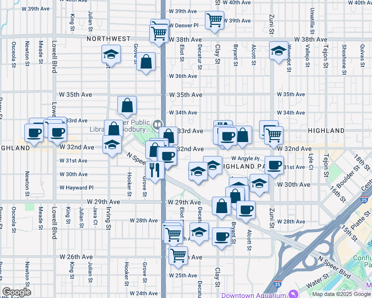 map of restaurants, bars, coffee shops, grocery stores, and more near 2900 West 32nd Avenue in Denver