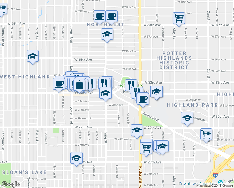 map of restaurants, bars, coffee shops, grocery stores, and more near 3178 Speer Boulevard in Denver