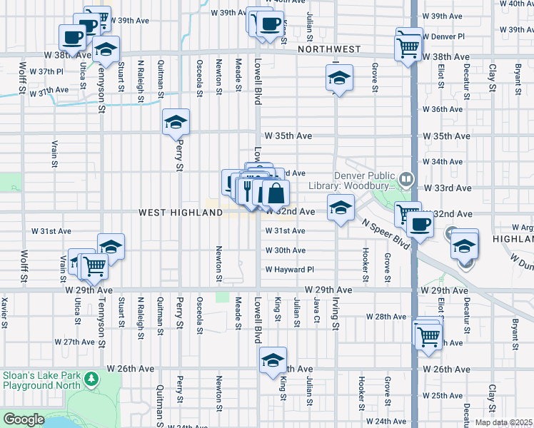 map of restaurants, bars, coffee shops, grocery stores, and more near in Denver
