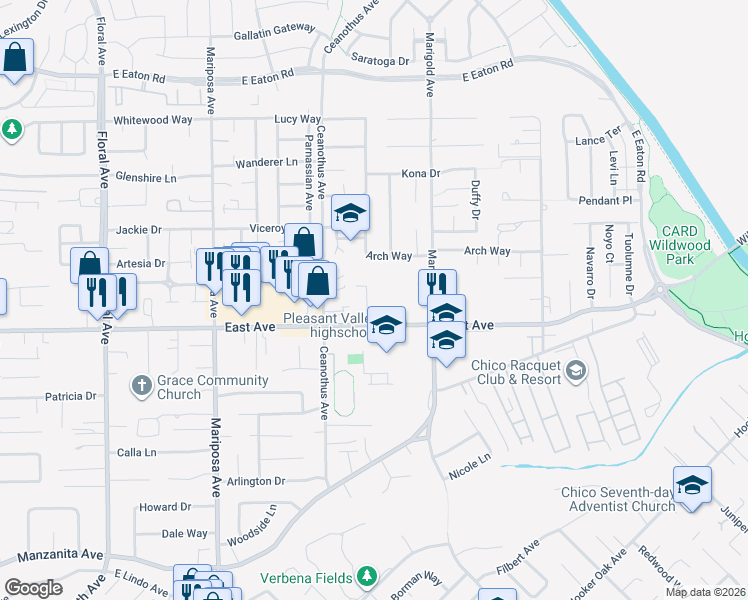 map of restaurants, bars, coffee shops, grocery stores, and more near 2514 Valhalla Place in Chico