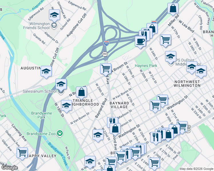 map of restaurants, bars, coffee shops, grocery stores, and more near 810 West 25th Street in Wilmington