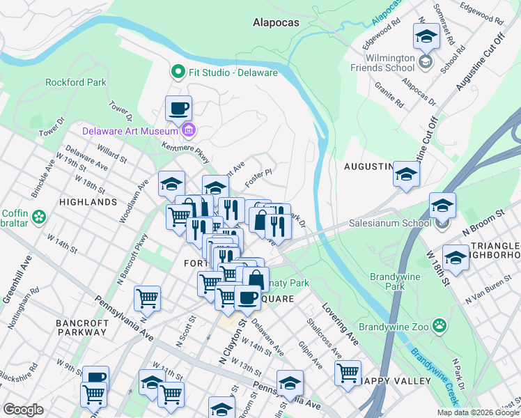 map of restaurants, bars, coffee shops, grocery stores, and more near 12 Academy Place in Wilmington