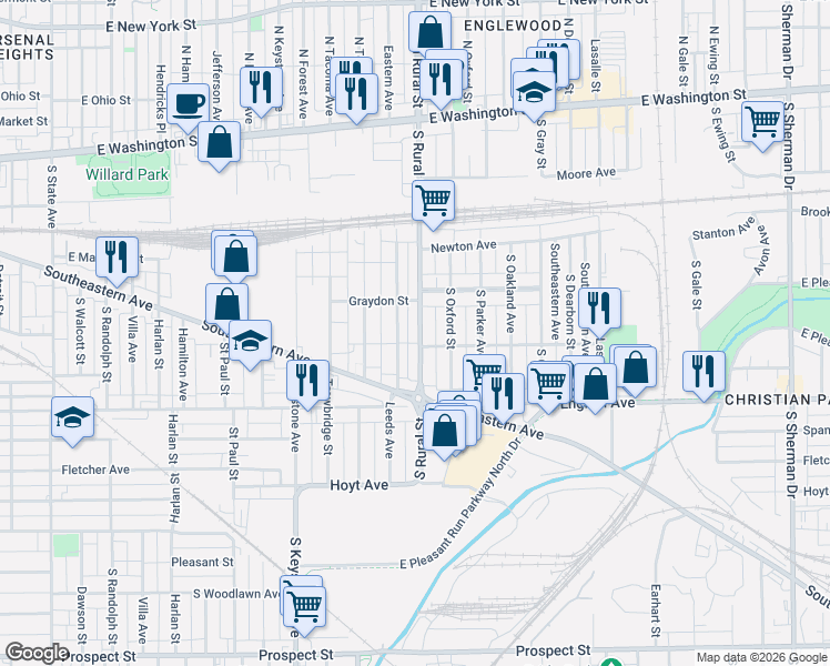 map of restaurants, bars, coffee shops, grocery stores, and more near 330 South Rural Street in Indianapolis