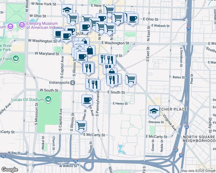 map of restaurants, bars, coffee shops, grocery stores, and more near 340 Delaware Street in Indianapolis