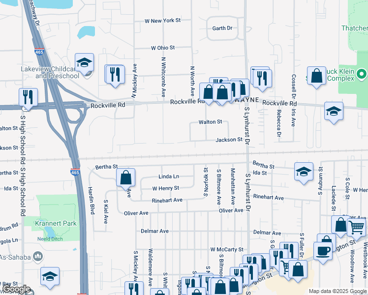map of restaurants, bars, coffee shops, grocery stores, and more near 5527 Jackson Street in Indianapolis