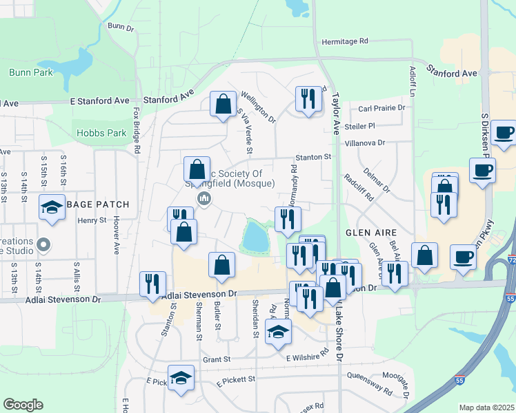 map of restaurants, bars, coffee shops, grocery stores, and more near 2399 Bradley Court in Springfield