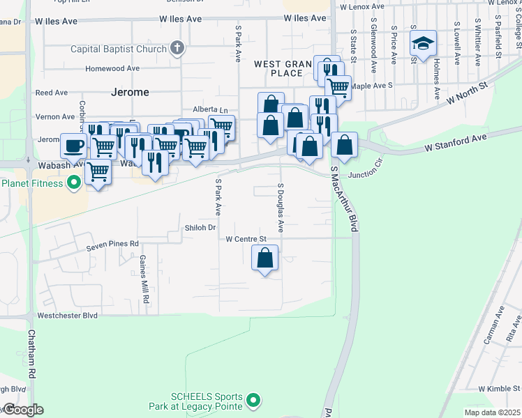 map of restaurants, bars, coffee shops, grocery stores, and more near 11 Douglas Court in Springfield
