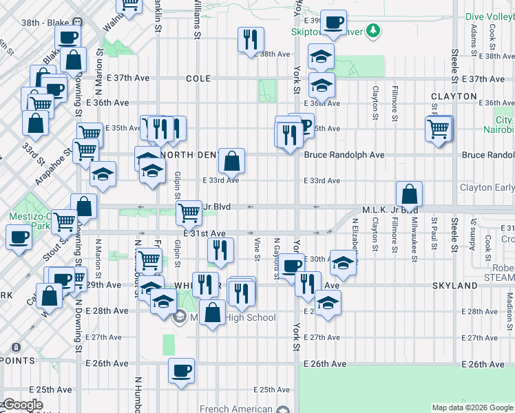 map of restaurants, bars, coffee shops, grocery stores, and more near Martin Luther King Jr Blvd & Vine St in Denver