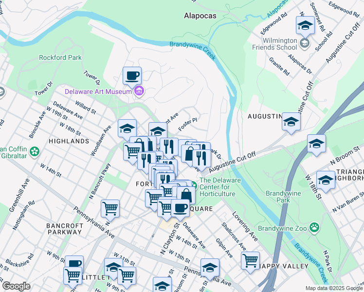 map of restaurants, bars, coffee shops, grocery stores, and more near 1907 Lovering Avenue in Wilmington