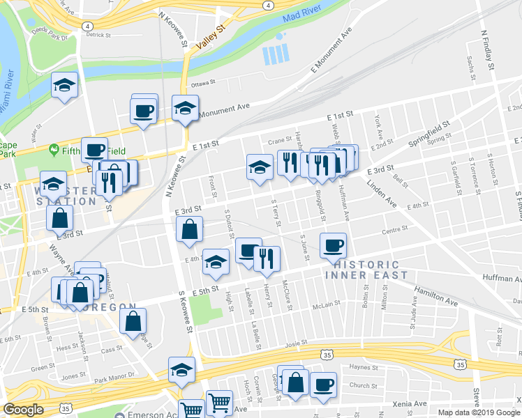 map of restaurants, bars, coffee shops, grocery stores, and more near 18 South Beckel Street in Dayton