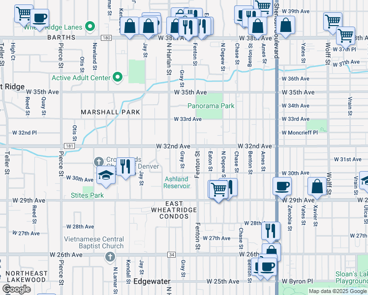 map of restaurants, bars, coffee shops, grocery stores, and more near 3190 Gray Street in Denver