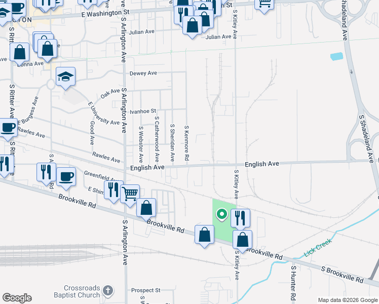 map of restaurants, bars, coffee shops, grocery stores, and more near 445 South Kenmore Road in Indianapolis