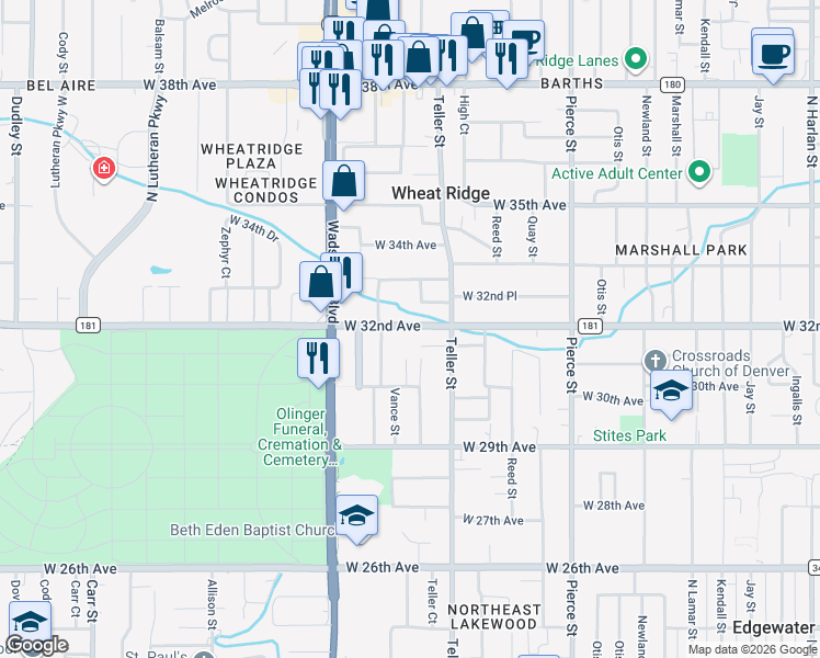 map of restaurants, bars, coffee shops, grocery stores, and more near 7330 West 32nd Avenue in Wheat Ridge