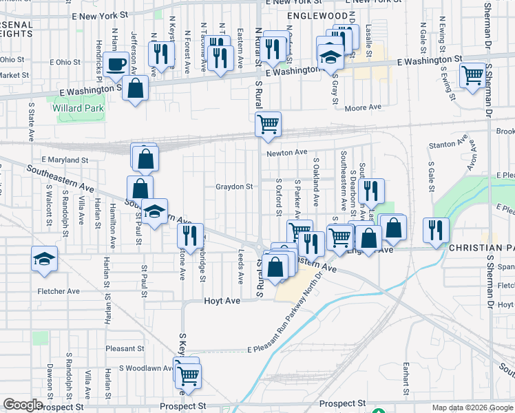 map of restaurants, bars, coffee shops, grocery stores, and more near 330 South Rural Street in Indianapolis