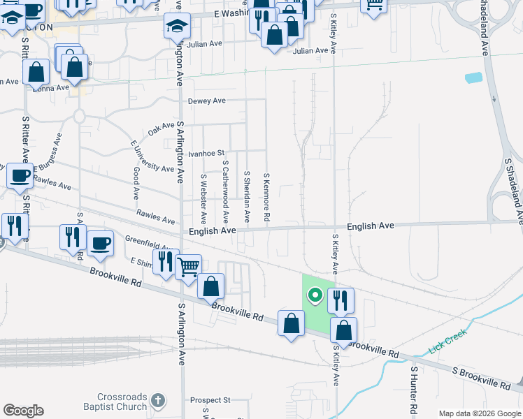 map of restaurants, bars, coffee shops, grocery stores, and more near 445 South Sheridan Avenue in Indianapolis