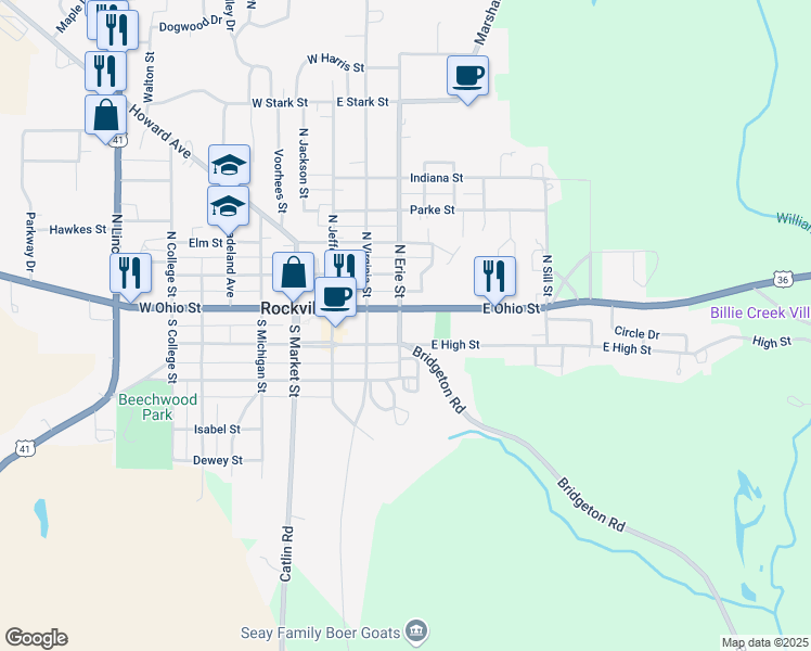 map of restaurants, bars, coffee shops, grocery stores, and more near 208 South Erie Street in Rockville