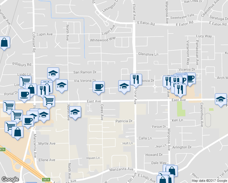 map of restaurants, bars, coffee shops, grocery stores, and more near 9 Manor Circle in Chico