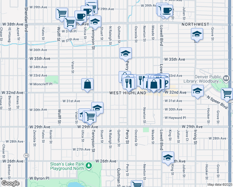map of restaurants, bars, coffee shops, grocery stores, and more near 3191 Quitman Street in Denver