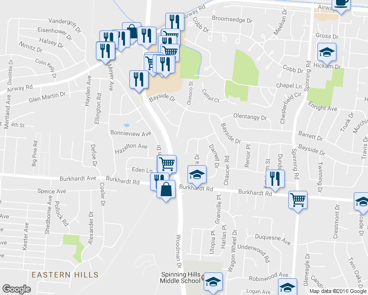 map of restaurants, bars, coffee shops, grocery stores, and more near 4911 Denny Ln in Dayton