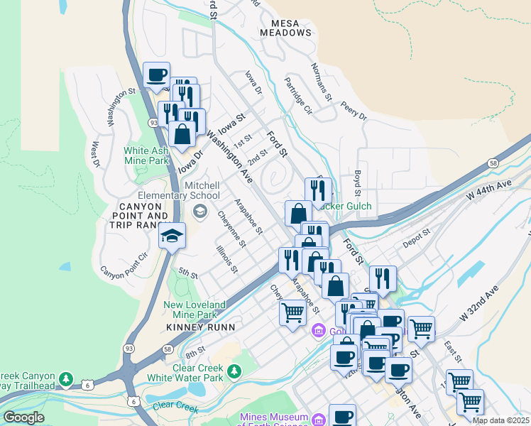 map of restaurants, bars, coffee shops, grocery stores, and more near 408 Washington Avenue in Golden