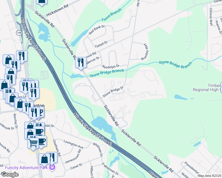 map of restaurants, bars, coffee shops, grocery stores, and more near 2701 Stone Bridge Drive in Sicklerville