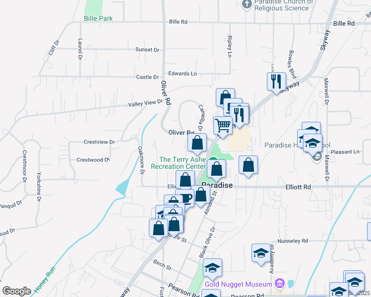 map of restaurants, bars, coffee shops, grocery stores, and more near 5948 Selby Lane in Paradise