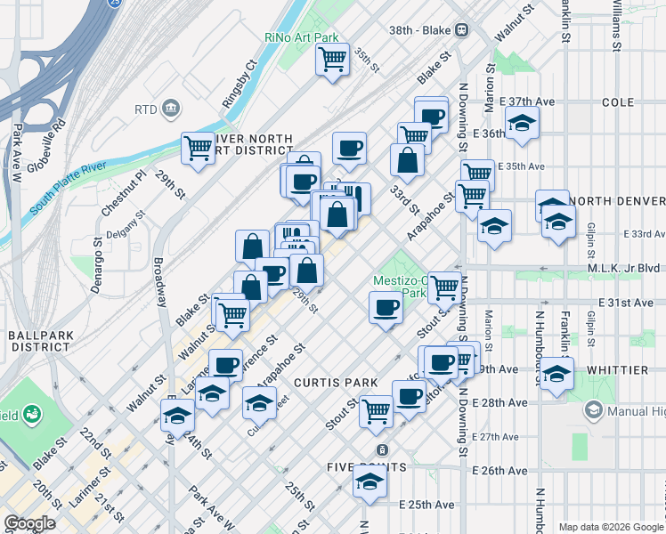 map of restaurants, bars, coffee shops, grocery stores, and more near 3011 Lawrence Street in Denver