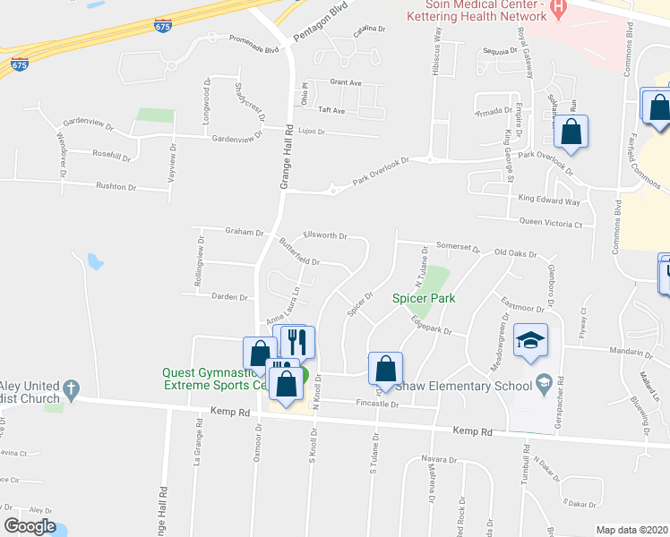 map of restaurants, bars, coffee shops, grocery stores, and more near 3795 Butterfield Drive in Beavercreek