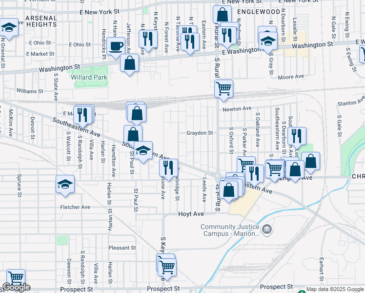 map of restaurants, bars, coffee shops, grocery stores, and more near 333 Trowbridge Street in Indianapolis