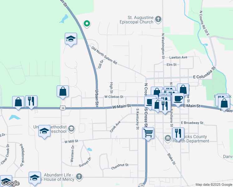 map of restaurants, bars, coffee shops, grocery stores, and more near 166 East Street in Danville