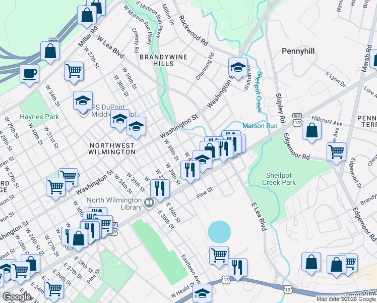 map of restaurants, bars, coffee shops, grocery stores, and more near 102 West 41st Street in Wilmington