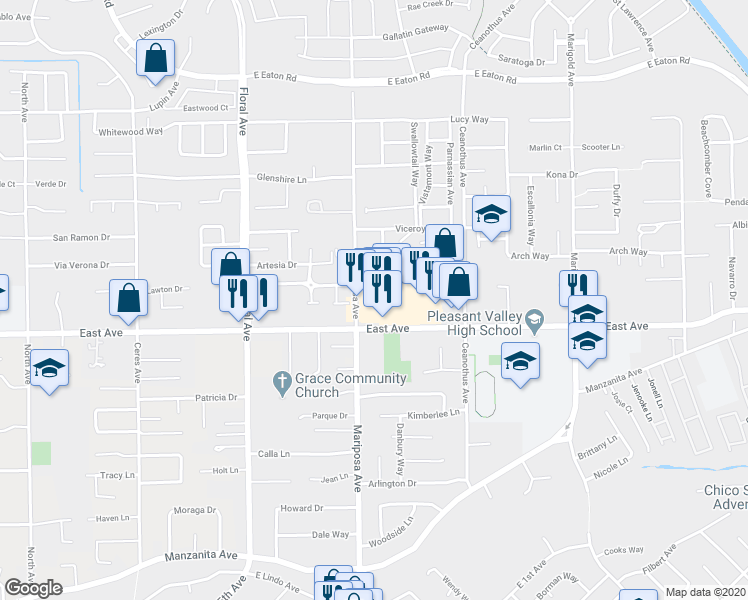 map of restaurants, bars, coffee shops, grocery stores, and more near 1354 East Avenue in Chico