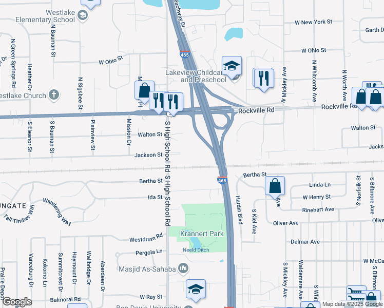 map of restaurants, bars, coffee shops, grocery stores, and more near 6040 Cheshire Road in Indianapolis
