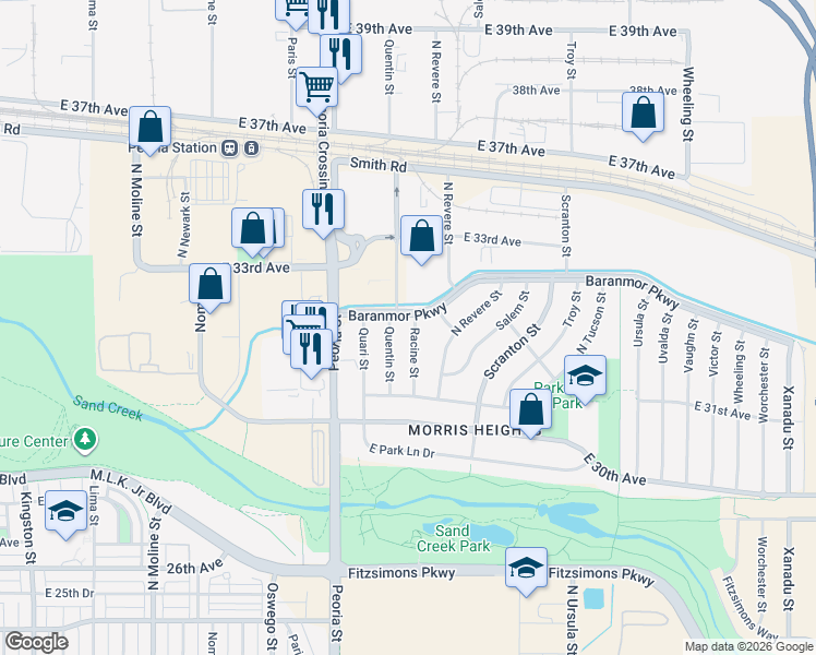map of restaurants, bars, coffee shops, grocery stores, and more near 3181 Racine St in Aurora