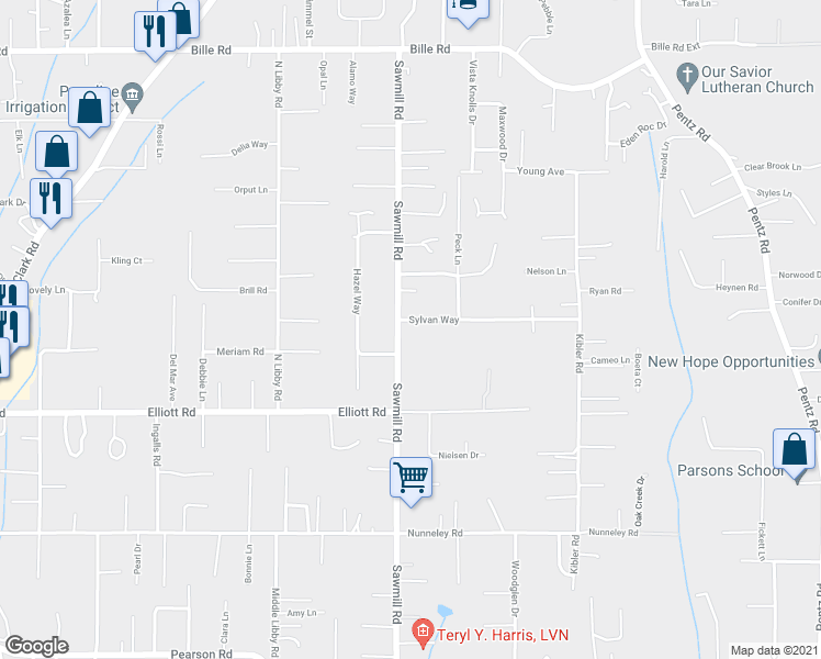 map of restaurants, bars, coffee shops, grocery stores, and more near 5940 Sawmill Road in Paradise