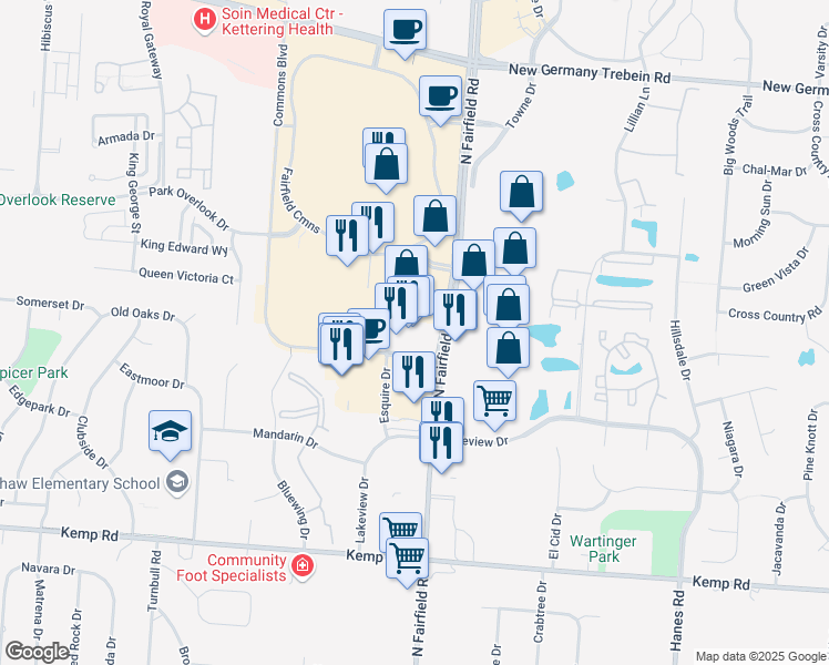 map of restaurants, bars, coffee shops, grocery stores, and more near 2476 Commons Boulevard in Beavercreek