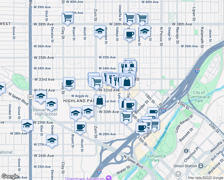 map of restaurants, bars, coffee shops, grocery stores, and more near 2235 West 32nd Avenue in Denver