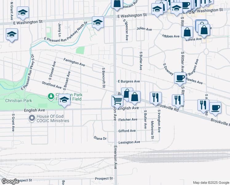 map of restaurants, bars, coffee shops, grocery stores, and more near S Emerson Ave & S Brookville Rd in Indianapolis