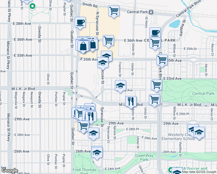 map of restaurants, bars, coffee shops, grocery stores, and more near 7779 East 32nd Avenue in Denver
