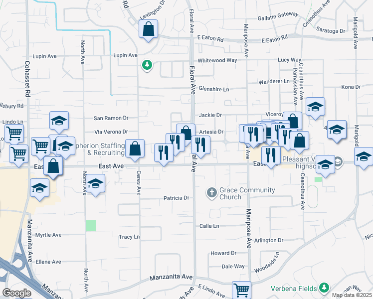 map of restaurants, bars, coffee shops, grocery stores, and more near 2511 Floral Avenue in Chico