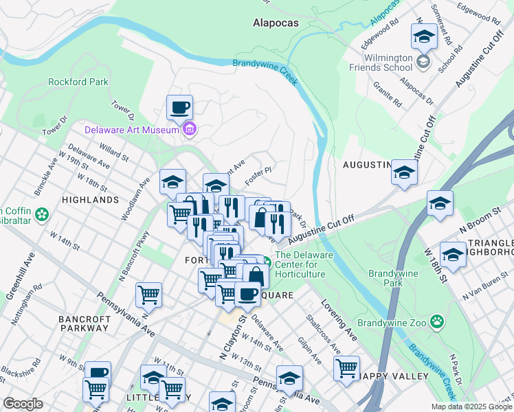 map of restaurants, bars, coffee shops, grocery stores, and more near 12 Academy Place in Wilmington