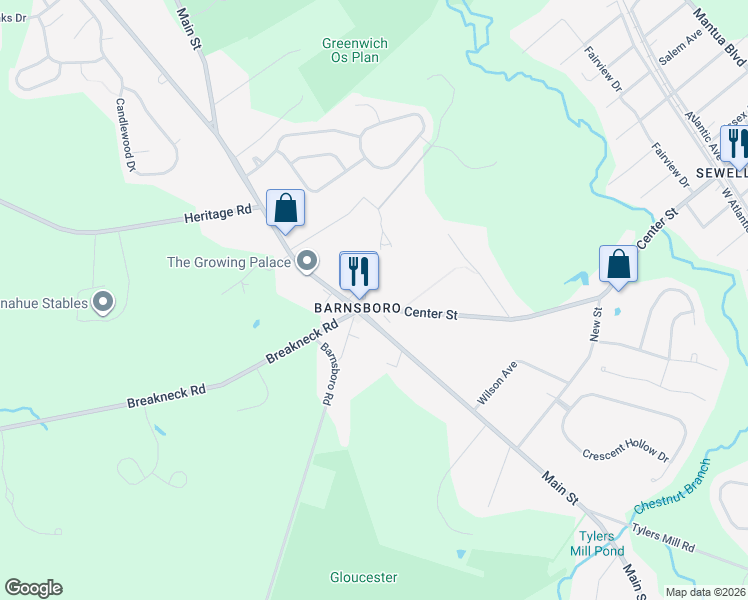 map of restaurants, bars, coffee shops, grocery stores, and more near 496 Center Street in Mantua Township