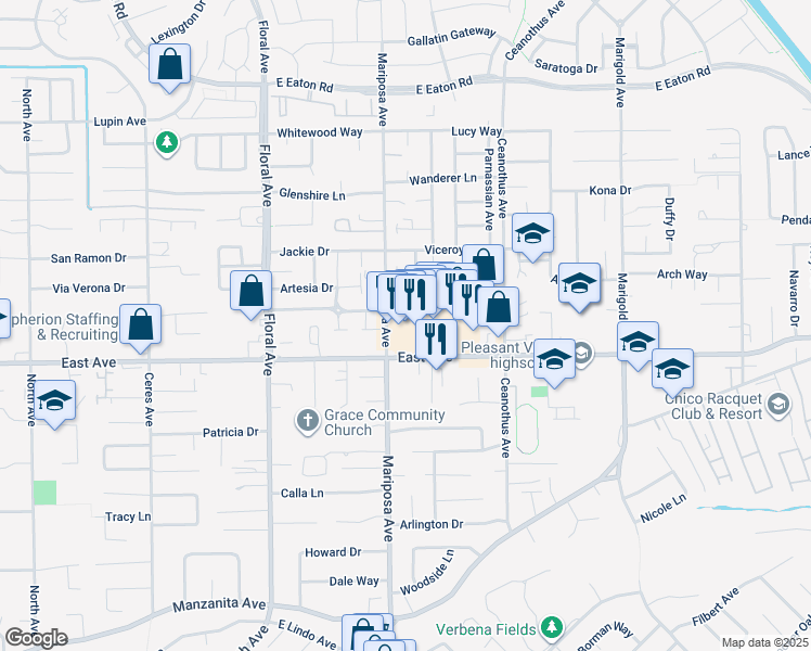 map of restaurants, bars, coffee shops, grocery stores, and more near 1354 East Avenue in Chico