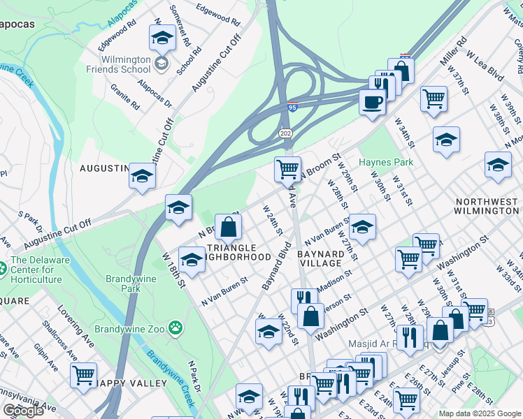 map of restaurants, bars, coffee shops, grocery stores, and more near 906 West 24th Street in Wilmington