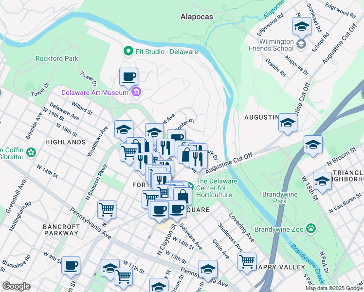 map of restaurants, bars, coffee shops, grocery stores, and more near 2005 North Lincoln Street in Wilmington