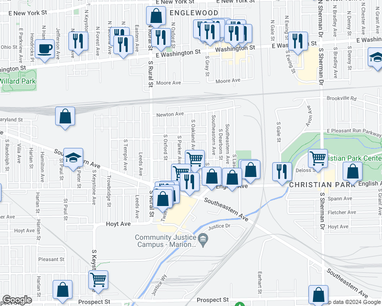 map of restaurants, bars, coffee shops, grocery stores, and more near 340 South Oakland Avenue in Indianapolis