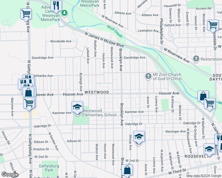 map of restaurants, bars, coffee shops, grocery stores, and more near 615 Westwood Avenue in Dayton